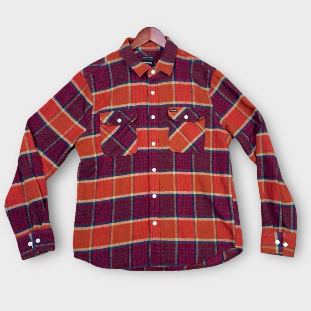 Brixton Bowery Standard Fit Flannel Men's Medium Orange Red Plaid Long Sleeve